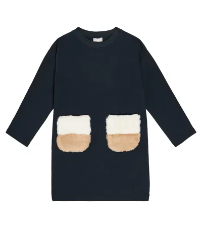 Il Gufo Kids' Faux Shearling-trimmed Cotton Fleece Dress In Blue