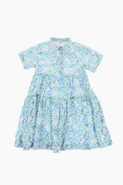 Il Gufo Floral- Printed Flared Shirt Dress In Blue