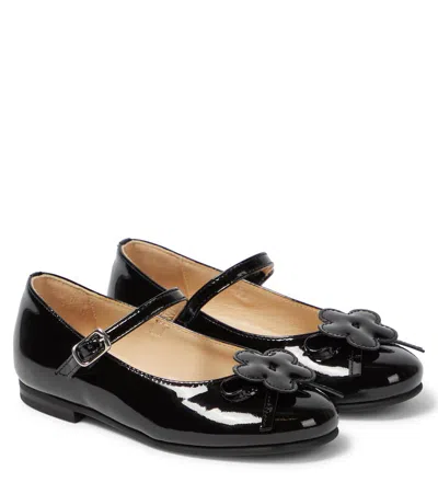 Il Gufo Kids' Floral-appliqué Patent Leather Ballet Flats In Black