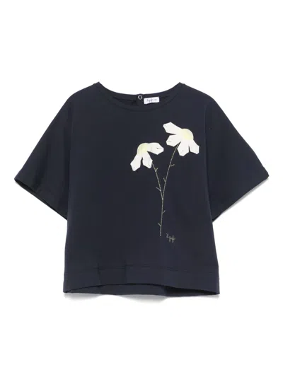 Il Gufo Kids' Floral-appliqué T-shirt In Blue