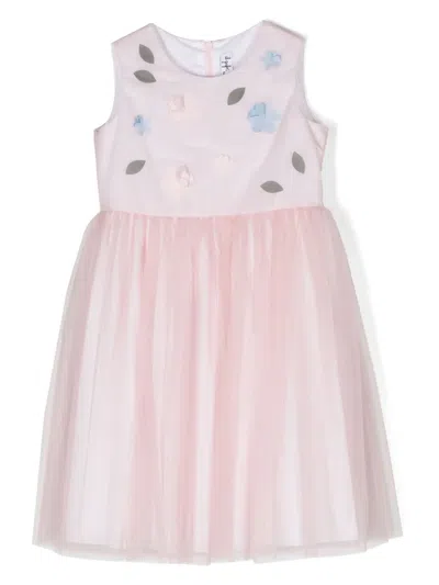 Il Gufo Kids' Floral-appliqué Tulle Flared Dress In Pink