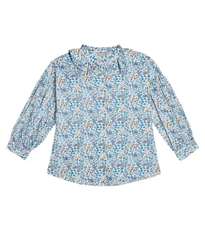 Il Gufo Kids' Floral Cotton Poplin Shirt In Light Blue