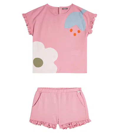 Il Gufo Kids' Floral Cotton Shirt And Shorts Set In Pink/baby Pink