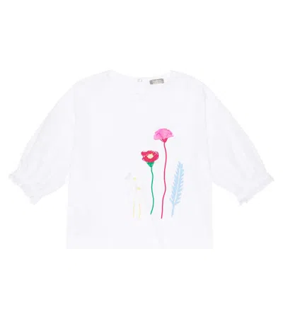 Il Gufo Kids' Floral Cotton T-shirt In Bianco/fucsia