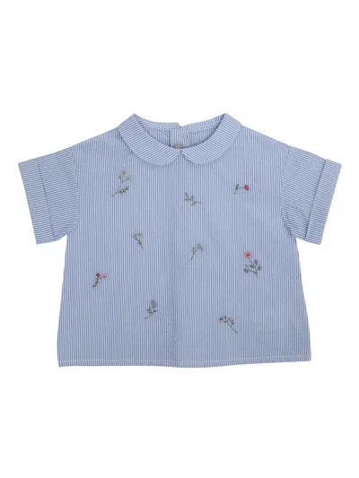 Il Gufo Kids' Floral-embroidered Short-sleeved Blouse In Celeste E Bianco