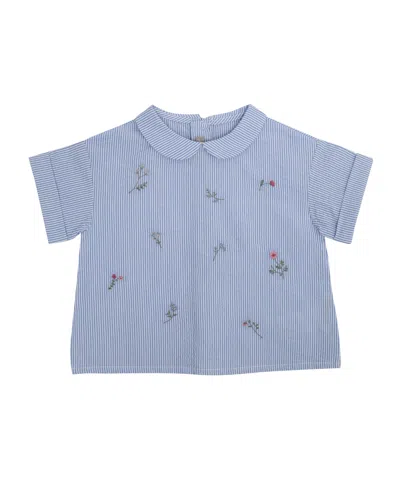 Il Gufo Floral-embroidered Striped Blouse In Blue