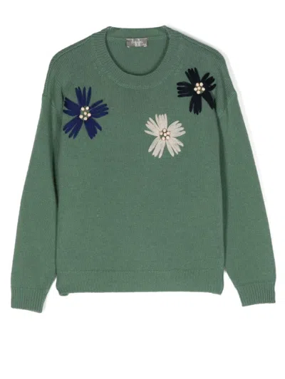 Il Gufo Kids' Floral-embroidered Wool Jumper In Green