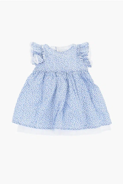 Il Gufo Floral-motif Flared Dress With Ruffles In Blue