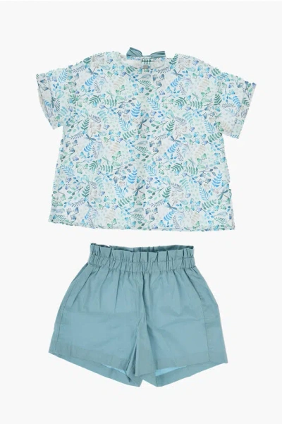 Il Gufo Floral Patterned Blouse And Shorts Set In Blue