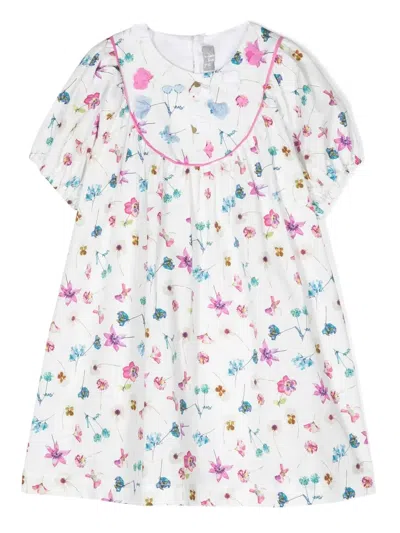 Il Gufo Kids' Floral Cotton Embroidered Dress In 白色