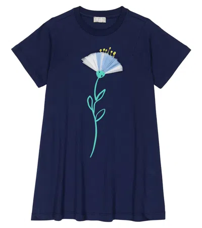 Il Gufo Kids' Floral Print Cotton T-shirt Dress In Blue