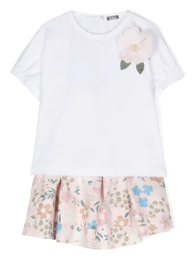 Il Gufo Kids' Floral-print Cotton Top And Skirt Set In White