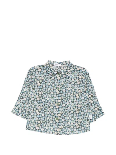Il Gufo Babies' Floral-print Peter-pan-collar Shirt In Blue