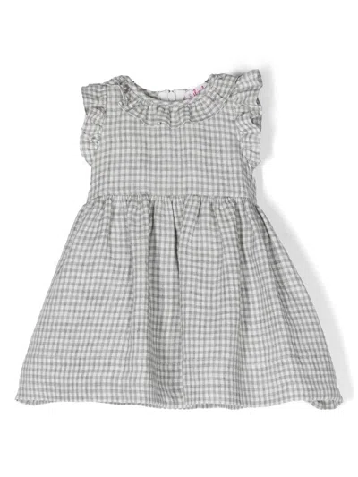 Il Gufo Grey Vichy Dress With Ruched Detailing In Linen Baby