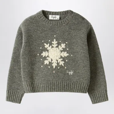 Il Gufo Grey Wool Sweater With Snowflake Motif In Green