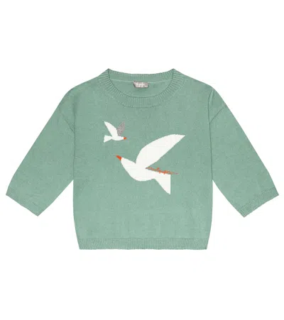 Il Gufo Kids' Intarsia Cotton Sweater In Sage Green/crab Orange