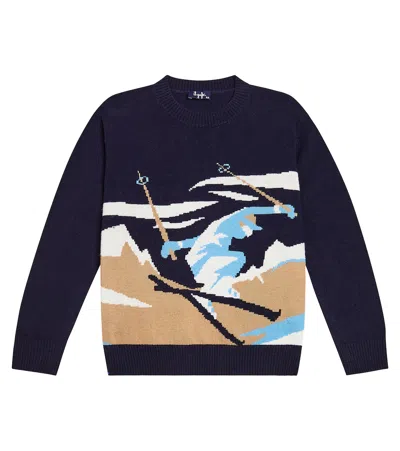 Il Gufo Kids' Skier Intarsia Wool Knit Sweater In Blue
