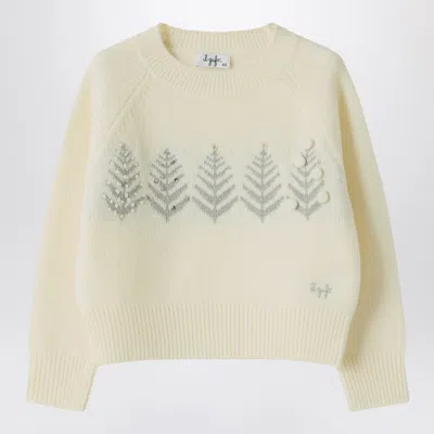 Il Gufo Ivory Wool Sweater With Embroidery And Rhinestones In Neutral