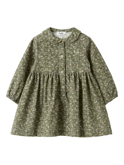 Il Gufo Kids' Round Collar Dress With Decorative Cuffs In Green