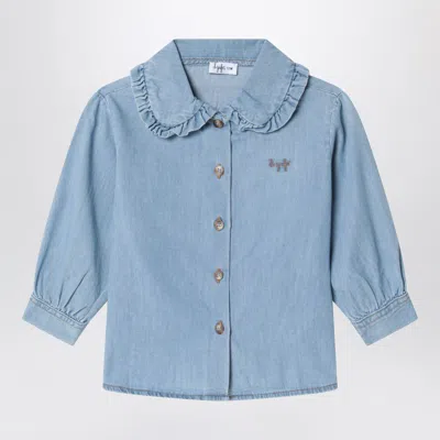 Il Gufo Lightweight Denim Shirt With Rounded Ruffle Collar In Blue