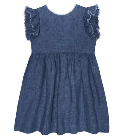 Il Gufo Kids' Linen Dress W/ Ruffles In Blue