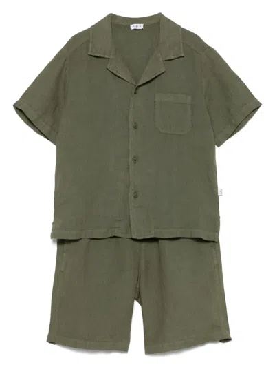Il Gufo Kids' Linen Shorts Set In 绿色