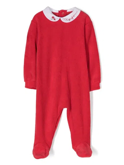 Il Gufo Babies' Logo-embroidered Velvet-effect Romper In Red