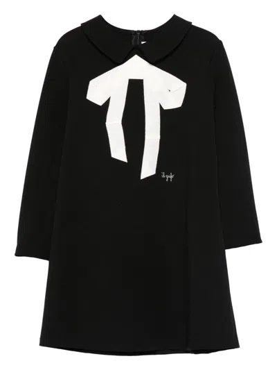 Il Gufo Long-sleeved Mini Dress With Front Bow And Embroidered Logo In Black