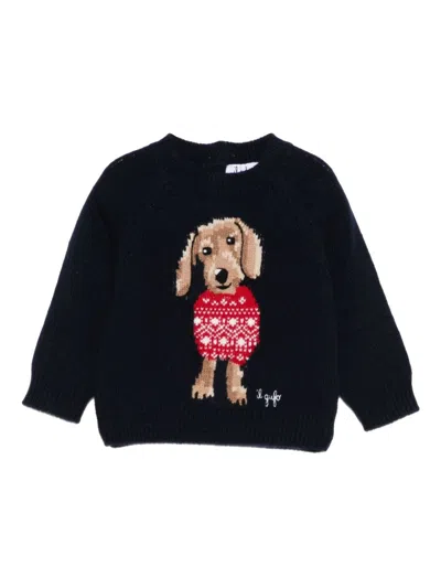 Il Gufo Mini Dog Graphic Wool Sweater In Black