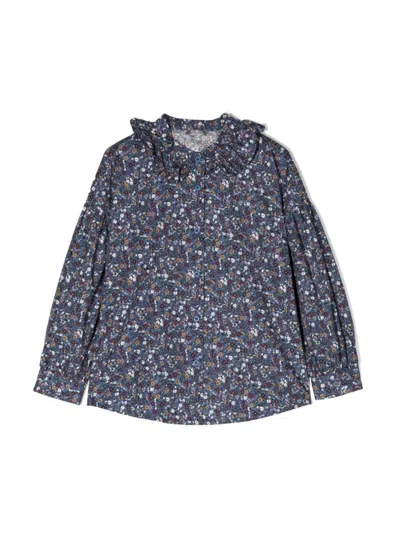 Il Gufo Mini Floral Ruffle Collar Shirt In Blue
