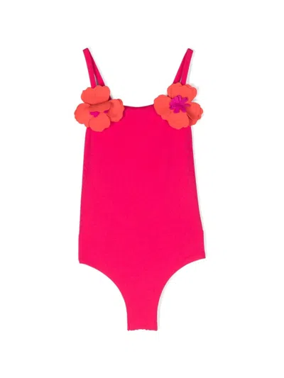 Il Gufo Kids' One-piece Swimsuit With Applied Flowers In Strawberry And Orange In Pink