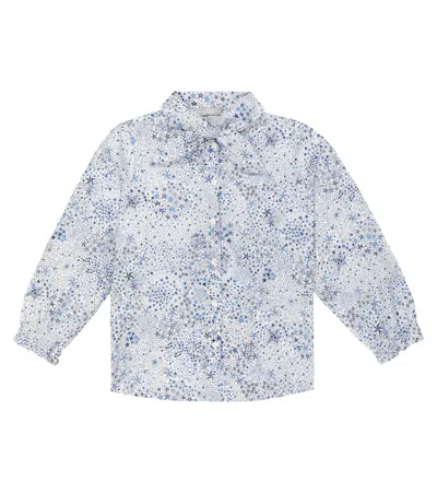 Il Gufo Kids' Printed Tie-neck Cotton Shirt In Blue