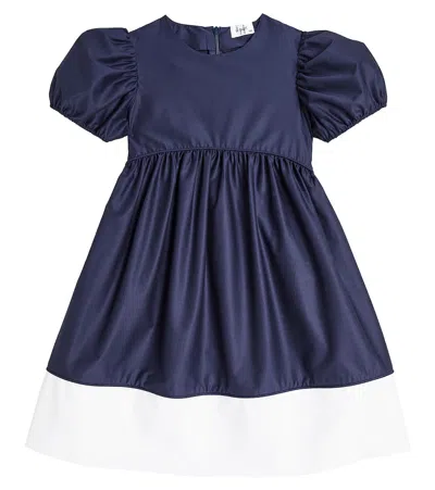 Il Gufo Kids' Puff-sleeve Cotton-blend Dress In Dark Blue/white