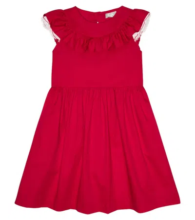 Il Gufo Kids' Ruffle-trimmed Cotton-blend Dress In Goji Red/white