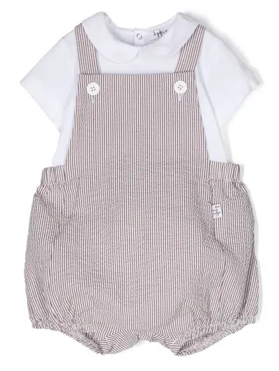 Il Gufo Babies' Striped Seersucker Dungarees Set In Brown