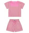 Il Gufo Striped Poplin Blouse And Shorts Set In Goji Red/rosehip Pink