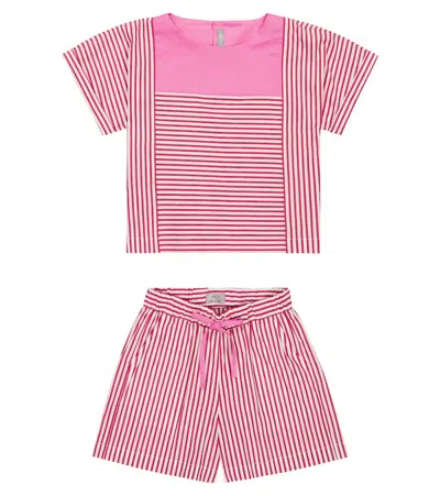 Il Gufo Kids' Striped Poplin Blouse And Shorts Set In Red