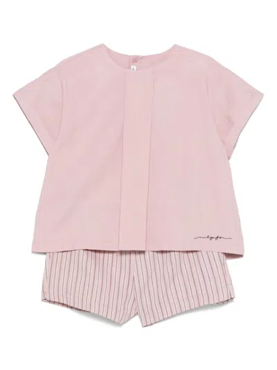 Il Gufo Kids' Striped Shorts And T-shirt Set In Pink