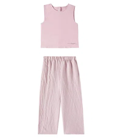 Il Gufo Kids' Striped Top And Straight Pants Set In Pink