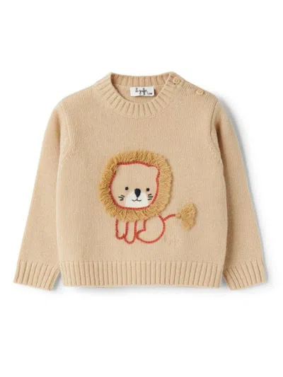 Il Gufo Kids' Root Wool Sweater With Embroidered Lion In Beige