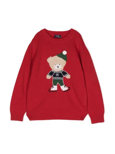 Il Gufo Kids' Teddy Bear Crew Neck Pullover In Red