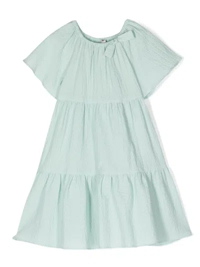 Il Gufo Kids' Seersucker Cotton Tiered Dress W/ Bow In Green