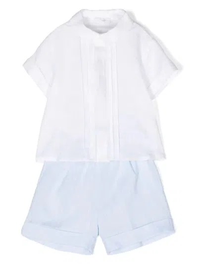 Il Gufo Babies' Two Piece Linen Set In White And Light Blue