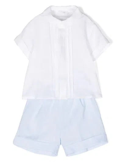 Il Gufo Babies' Two Piece Linen Set In White And Light Blue In Cielo