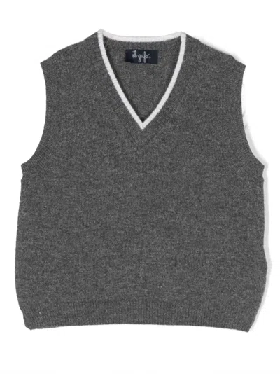 Il Gufo Babies' V-neck Knitted Wool Vest In Grey