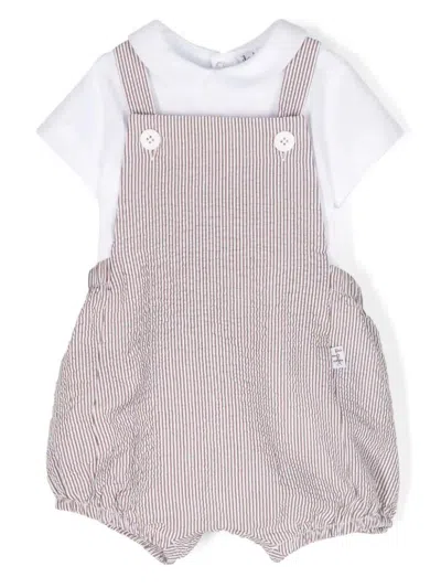 Il Gufo Babies' White And Brown Two Piece Set With Seersucker Dungarees