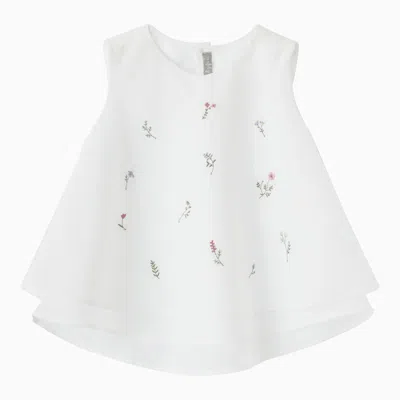 Il Gufo Kids' White Tank Top With Flower Embroidery In Cotton Voile