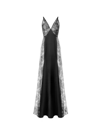 Il Volo Chantilly Lace Silk-panel Maxi Dress In Black