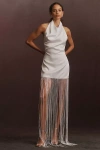 Ila Anika Halter Fringe Satin Maxi Dress In Neutral