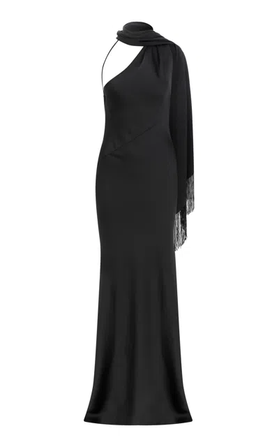 Ila Brice Asymmetric Scarf-detailed Satin Maxi Dress In Black